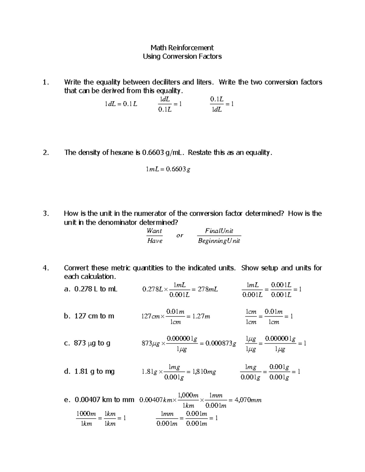 Math Workshop Using Conversion Factors Answer KEY - Math Reinforcement ...