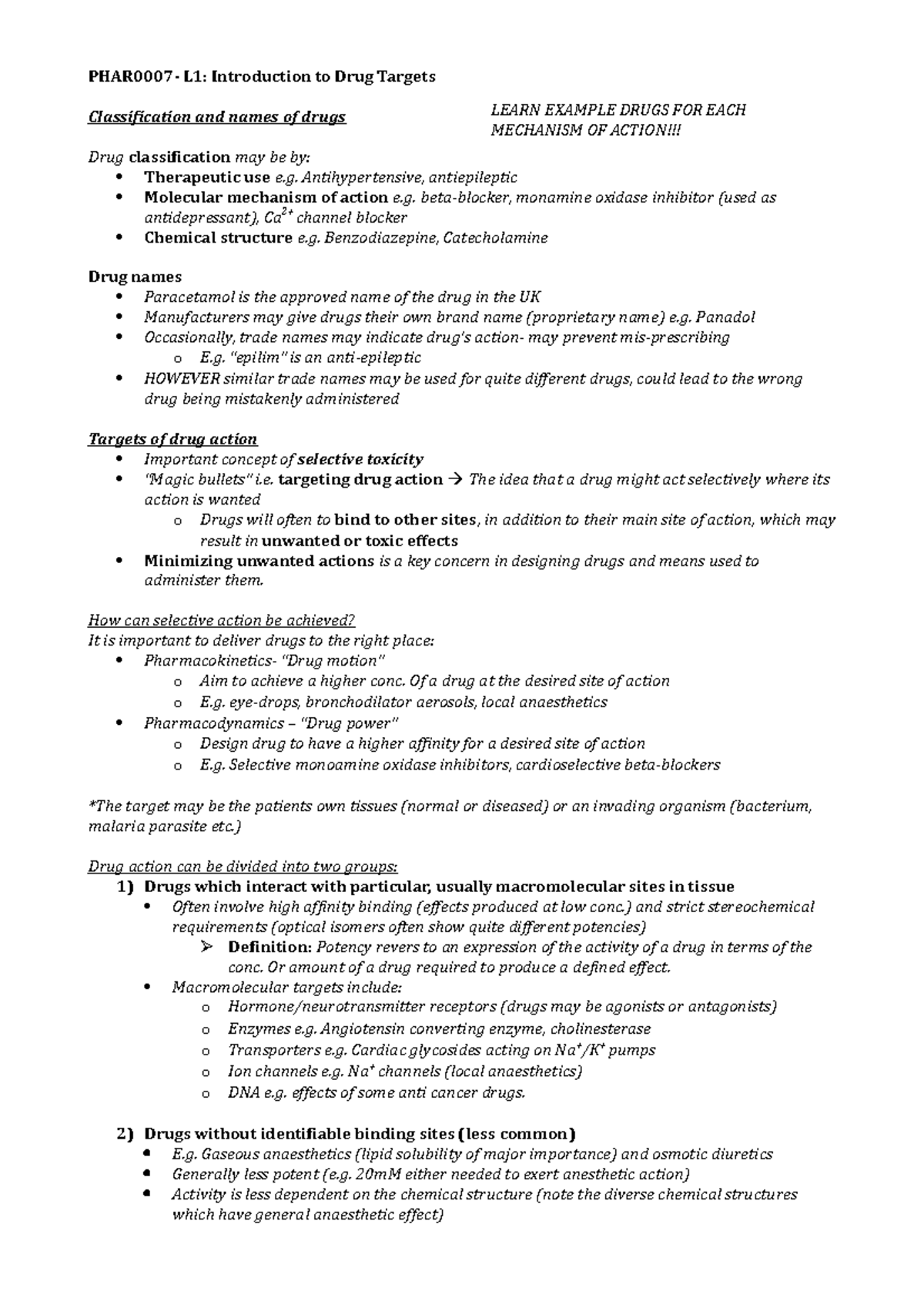PHAR0007 L1 - Lecture notes 1 - PHAR0007- L1: Introduction to Drug ...