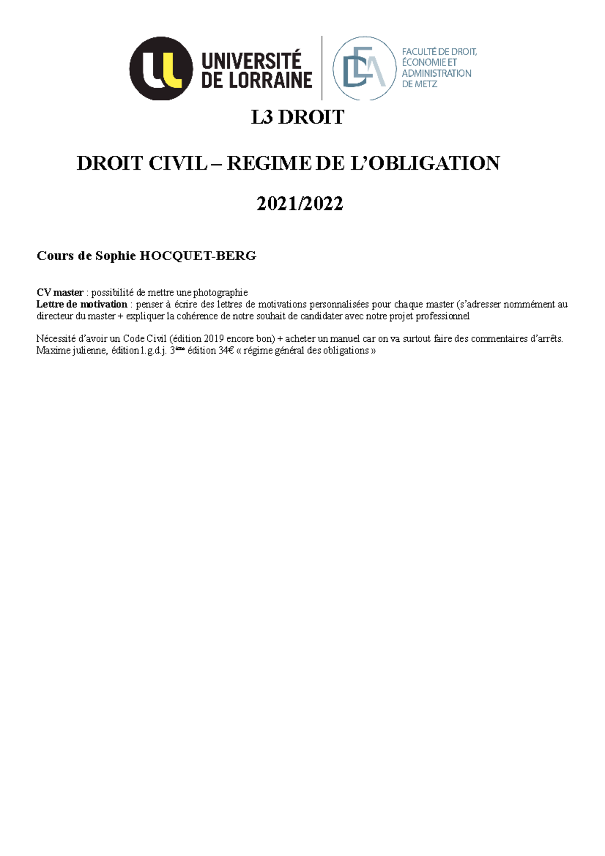 Droit Civil Régime de l'Obligation L3 DROIT DROIT CIVIL REGIME DE