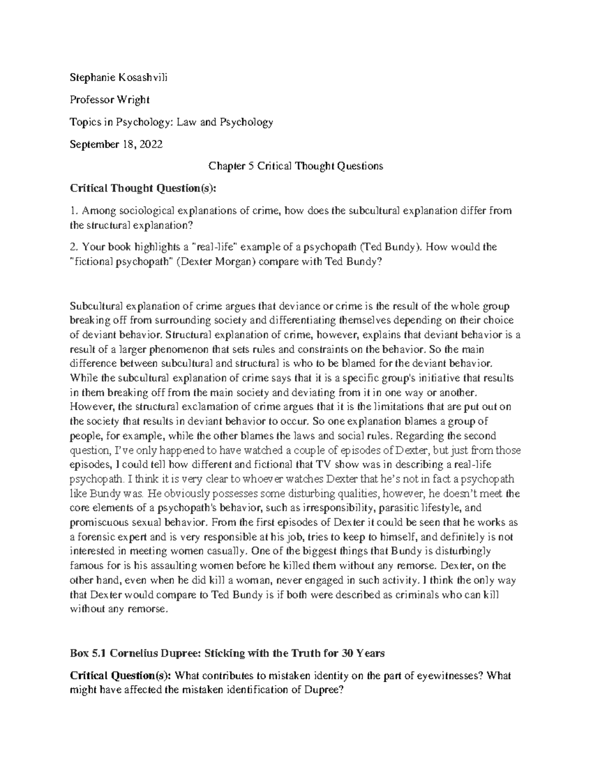 Chapter 5 Critical Thought Questions Stephanie Kosashvili Professor