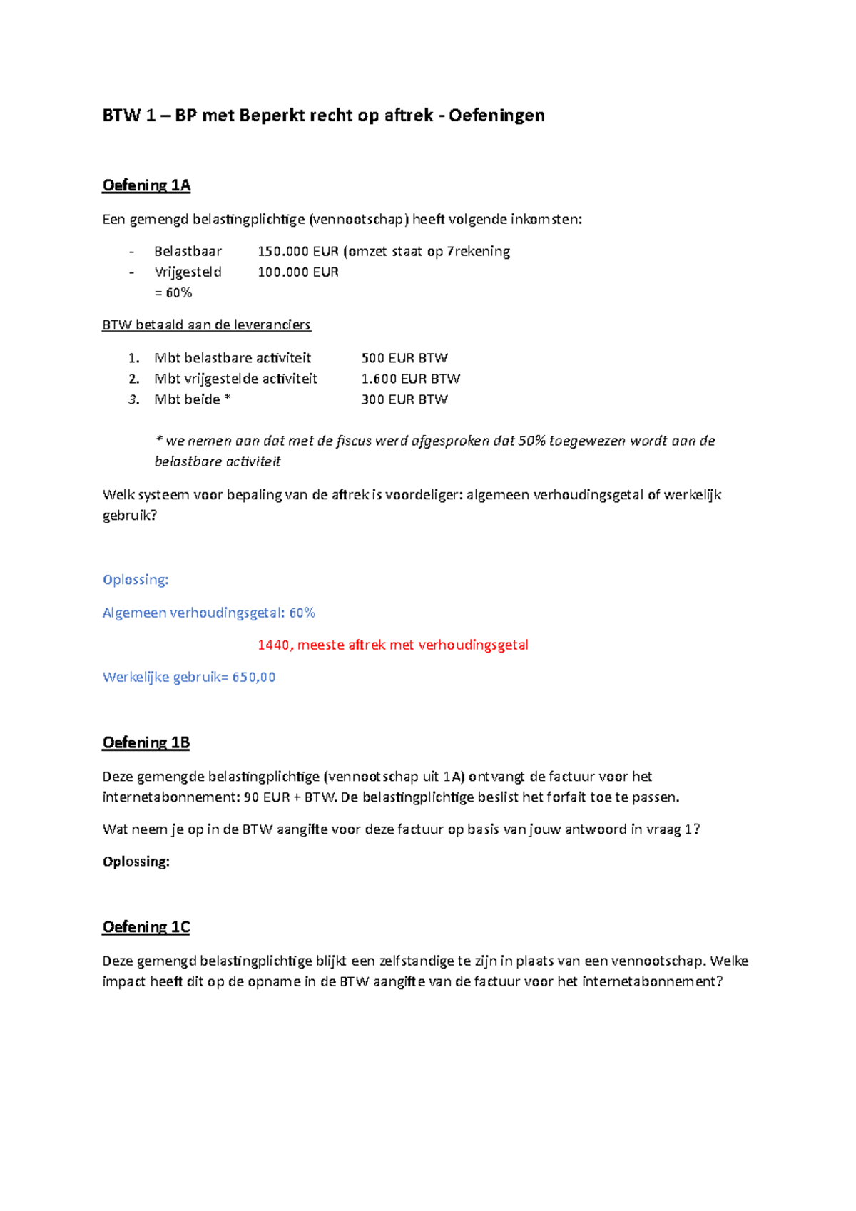 BTW 1 - BP Met Beperkt ROA - Oefeningen - BTW 1 – BP Met Beperkt Recht ...