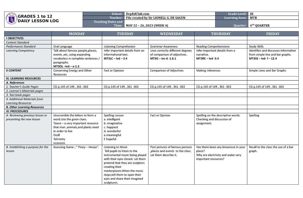 DLL MTB 3 Q4 W4 - DLL MTB - GRADES 1 to 12 DAILY LESSON LOG School ...