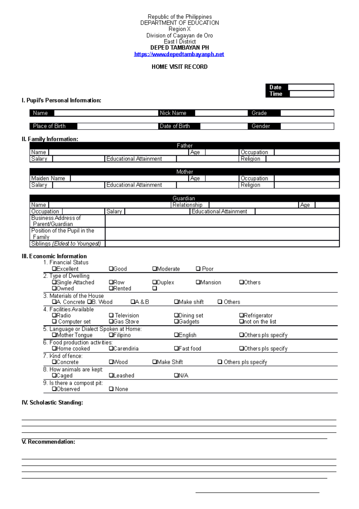 Home Visitation Record Template - Republic of the Philippines ...