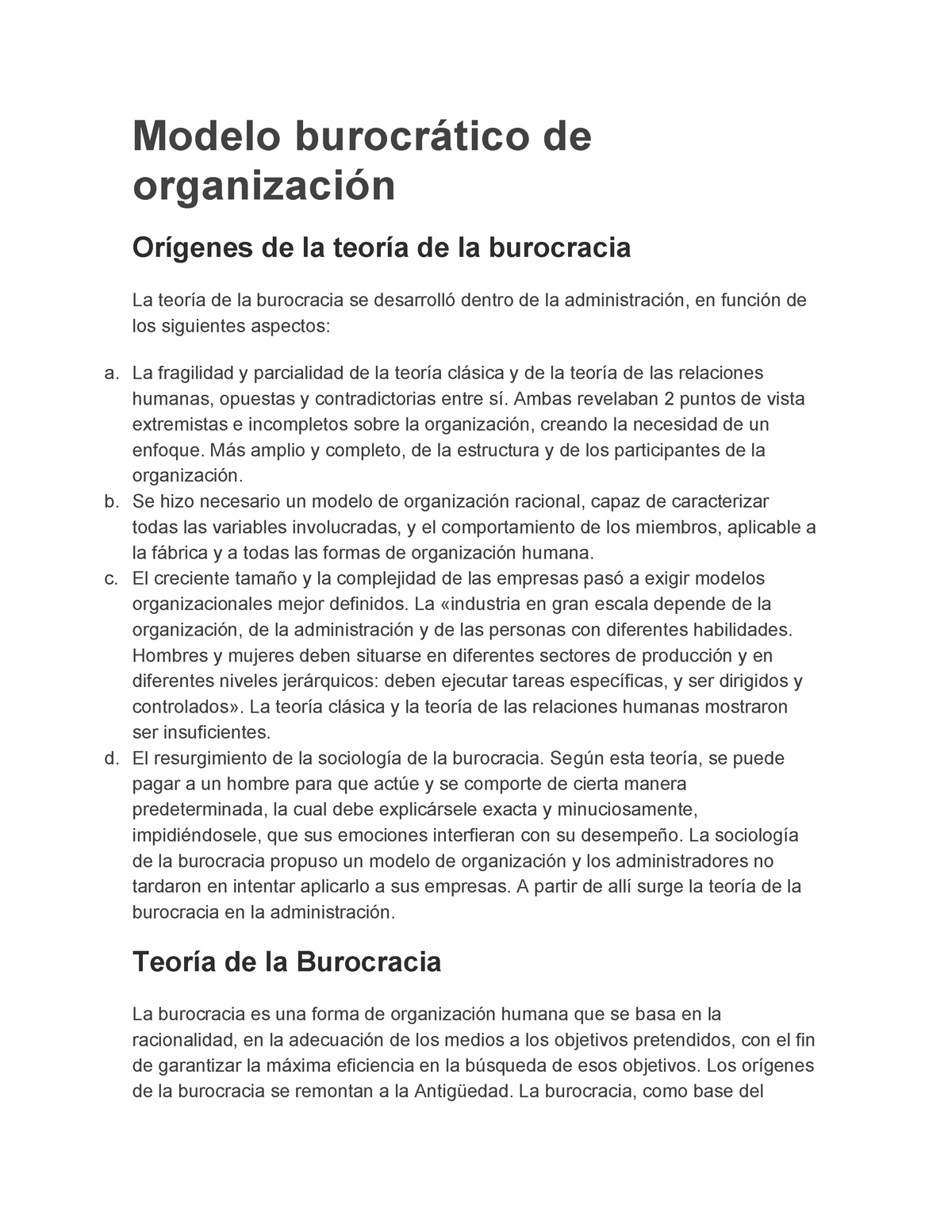 Modelo burocrático de organización - Modelo burocrático de organización  Orígenes de la teoría de la - Studocu