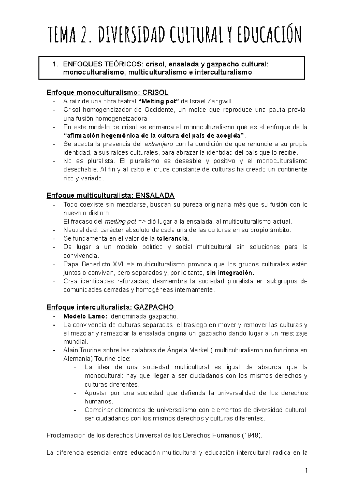 Tema2 pedagogía - Appuntes - TEMA 2. DIVERSIDAD CULTURAL Y EDUCACIÓN 1 ...