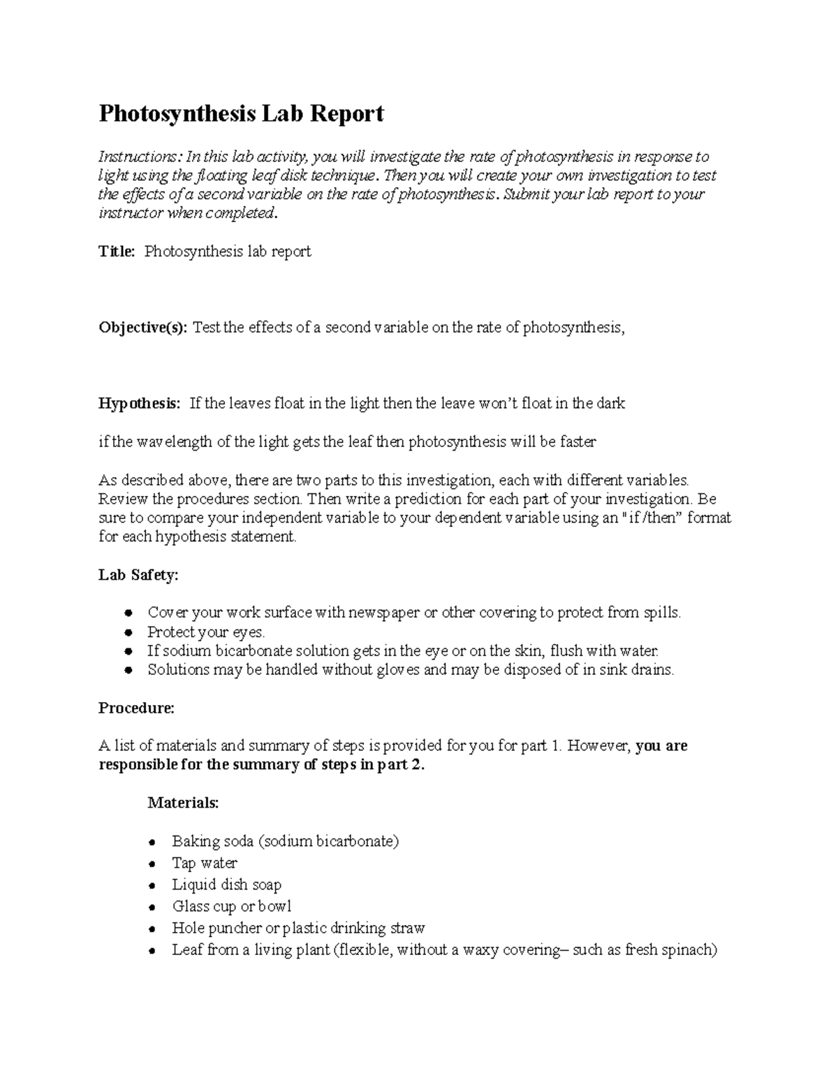 03 04 photosynthesis lab report Photosynthesis Lab Report Instructions In this lab activity
