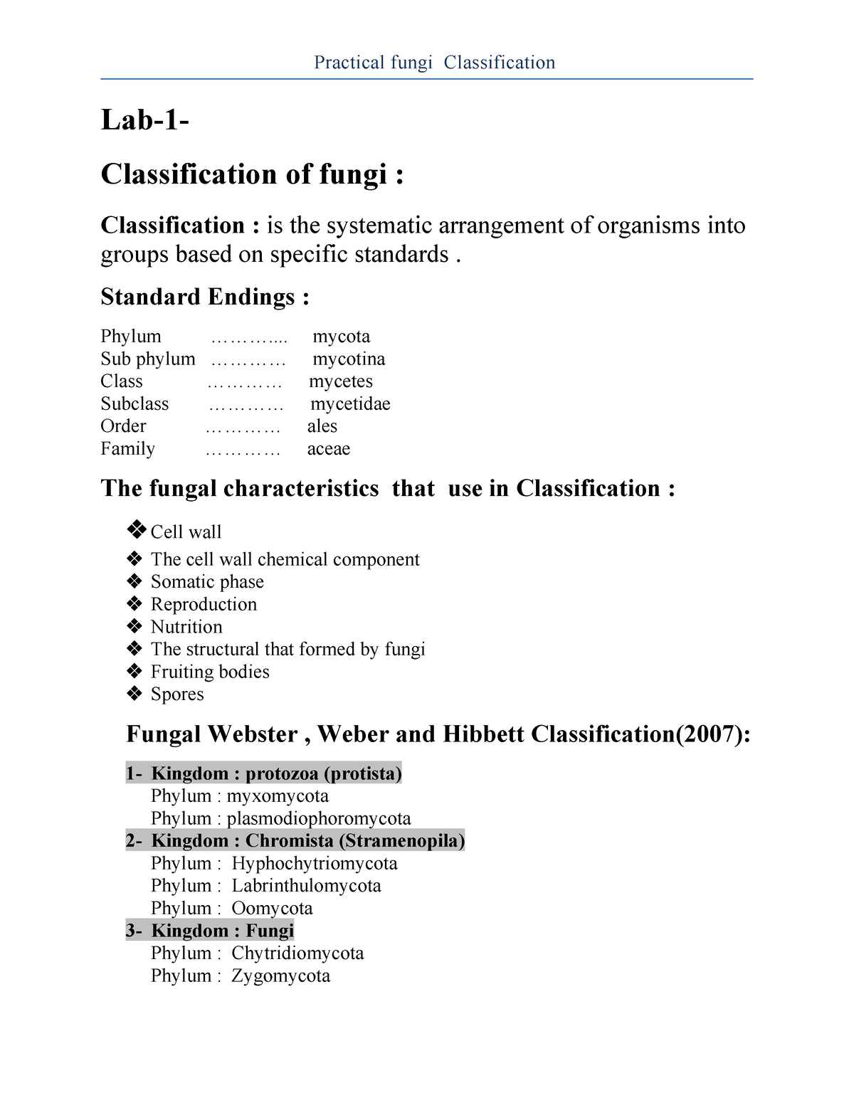 Classification Of Fungi Lab 1 Classification Of Fungi Classification Is The Systematic 