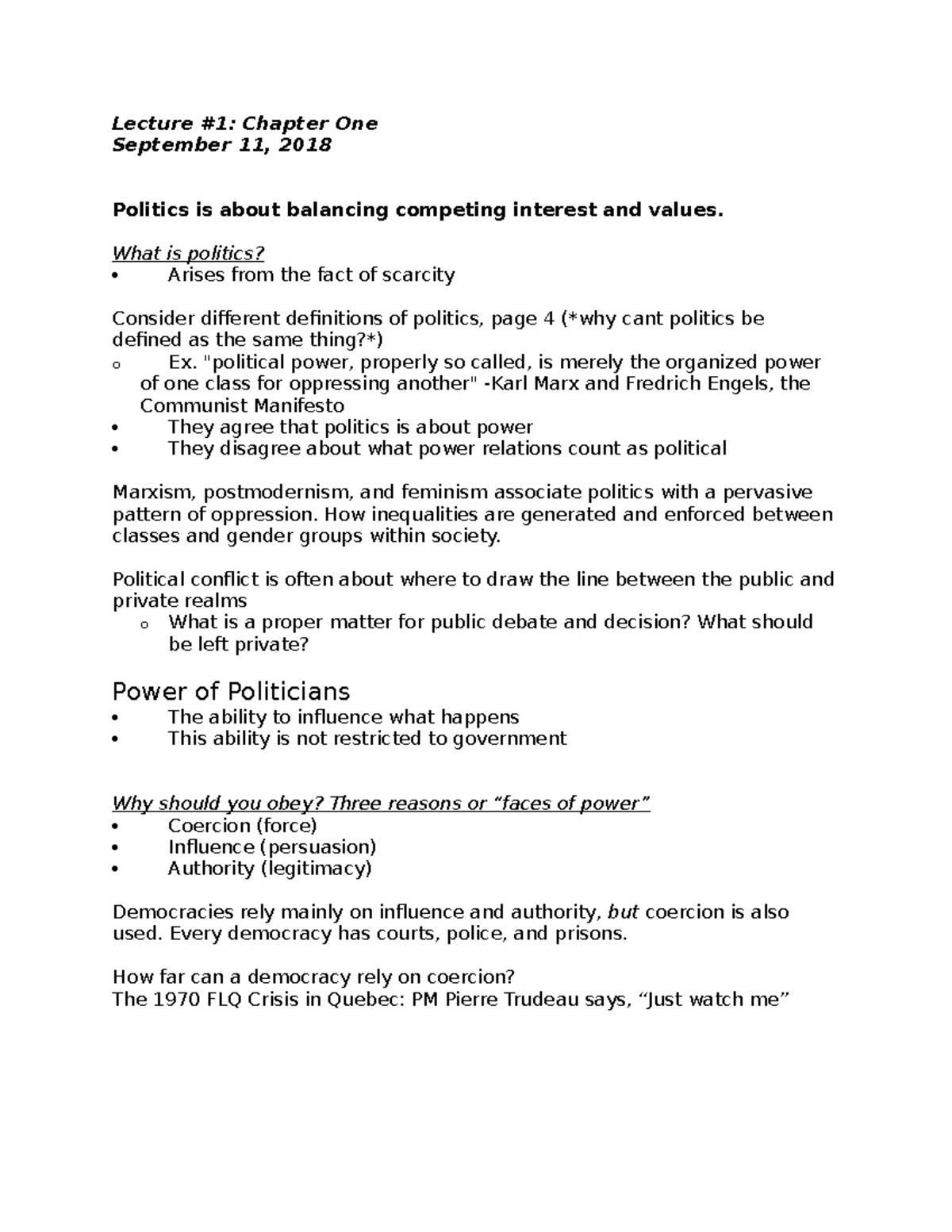 Lecture notes poli sci - Lecture #1: Chapter One September 11, 2018 ...