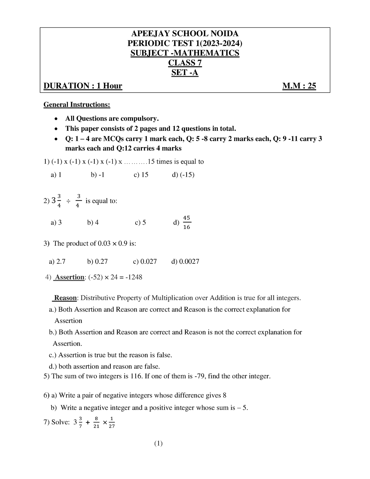 Class 7 Maths SET1 -Final - APEEJAY SCHOOL NOIDA PERIODIC TEST 1(2023 ...