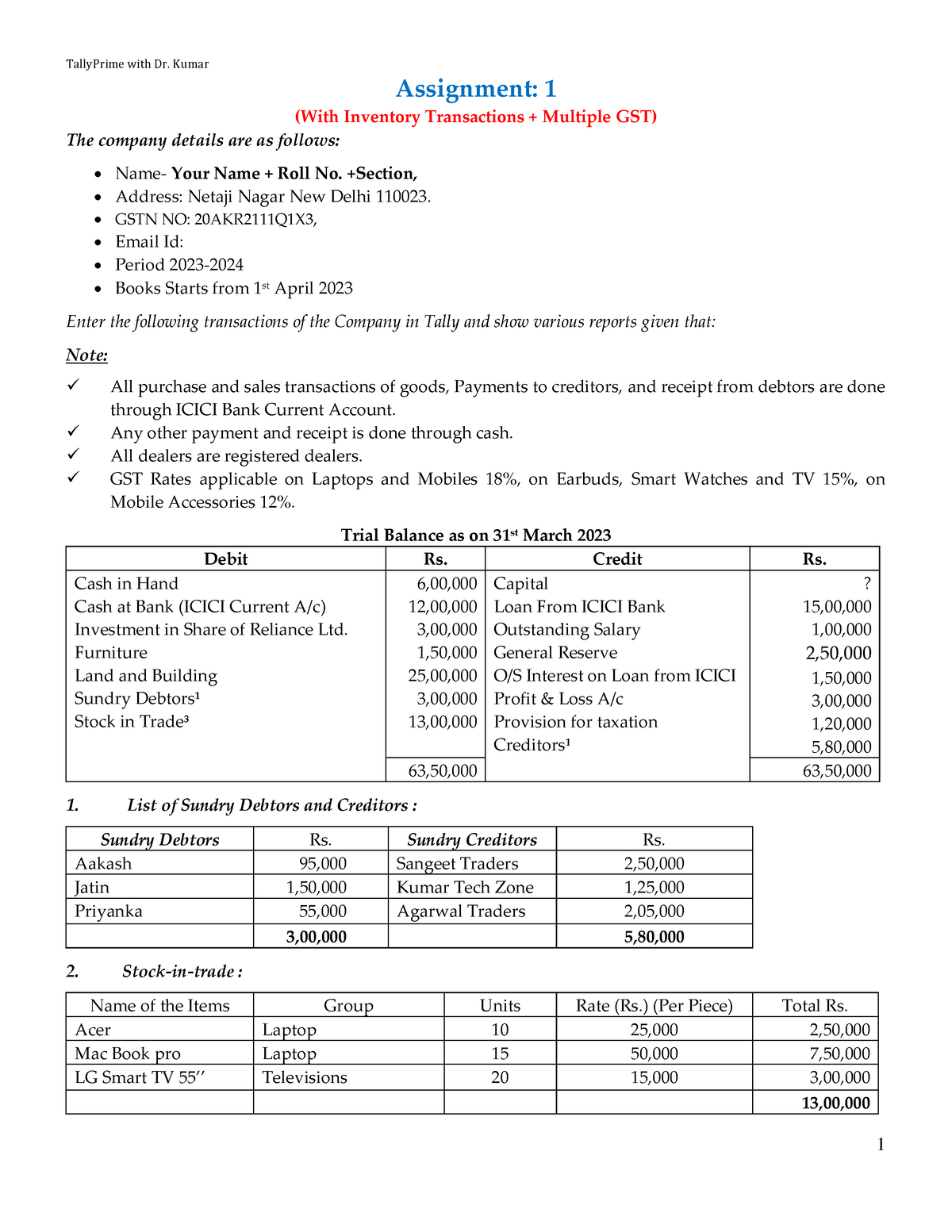 Tally Practice Question Without Gst Assignment 1 With Inventory Transactions Multiple 5636