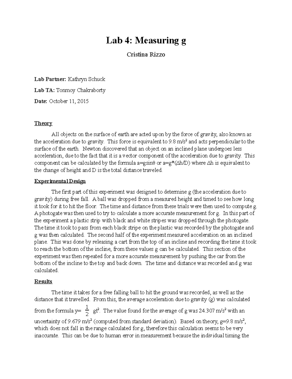 Physics fall lab 4 write up - Lab 4: Measuring g Cristina Rizzo Lab ...