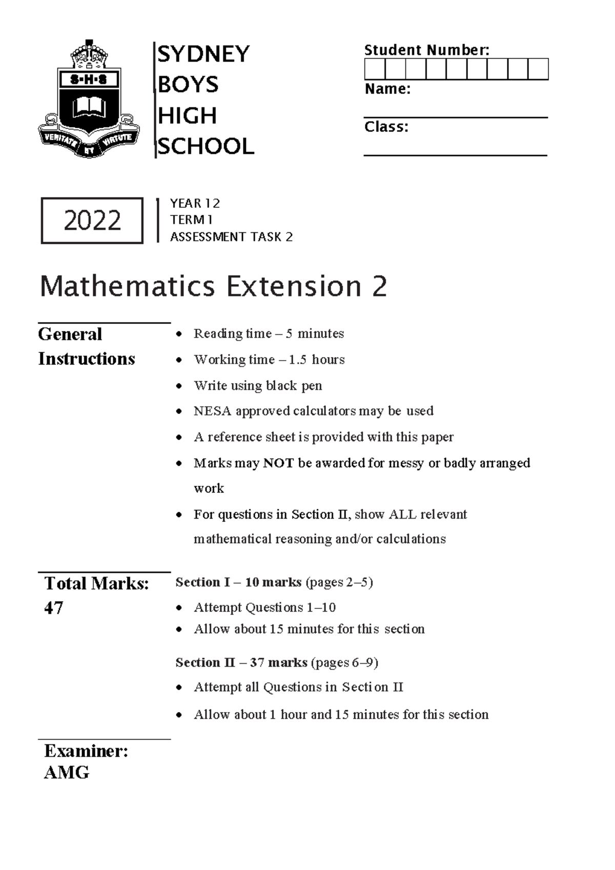 SBHS 2022 Y12 ME 2 Task 2 - past paper - SYDNEY BOYS HIGH SCHOOL YEAR ...