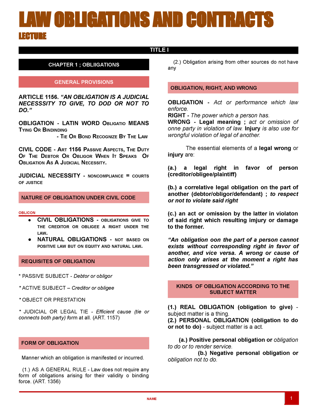 OBLICON CHAPTER 1 - LAW OBLIGATIONS AND CONTRACTS LECTURE TITLE I ...