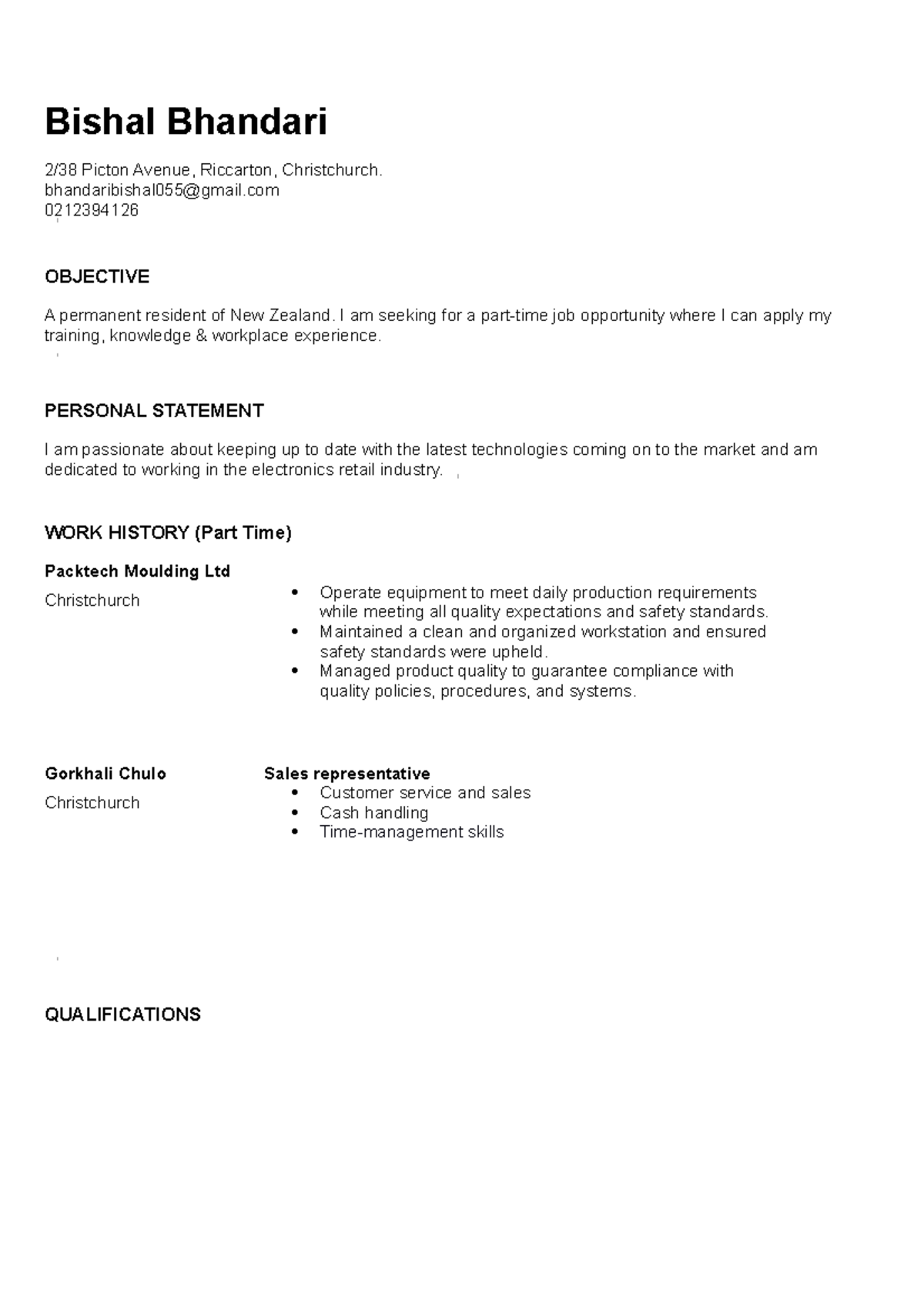 Work focused CV example - Bishal Bhandari 2/38 Picton Avenue, Riccarton ...