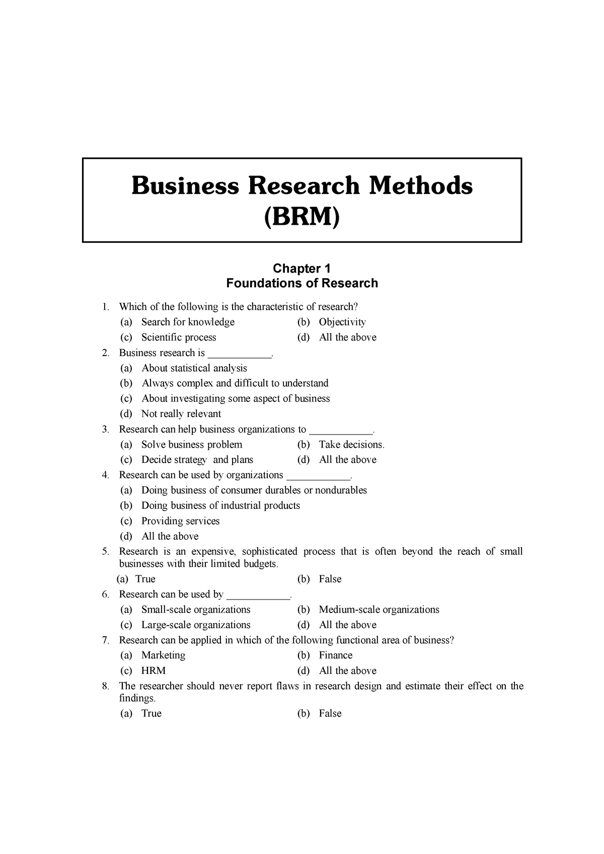 business research methods chapter 1 quiz