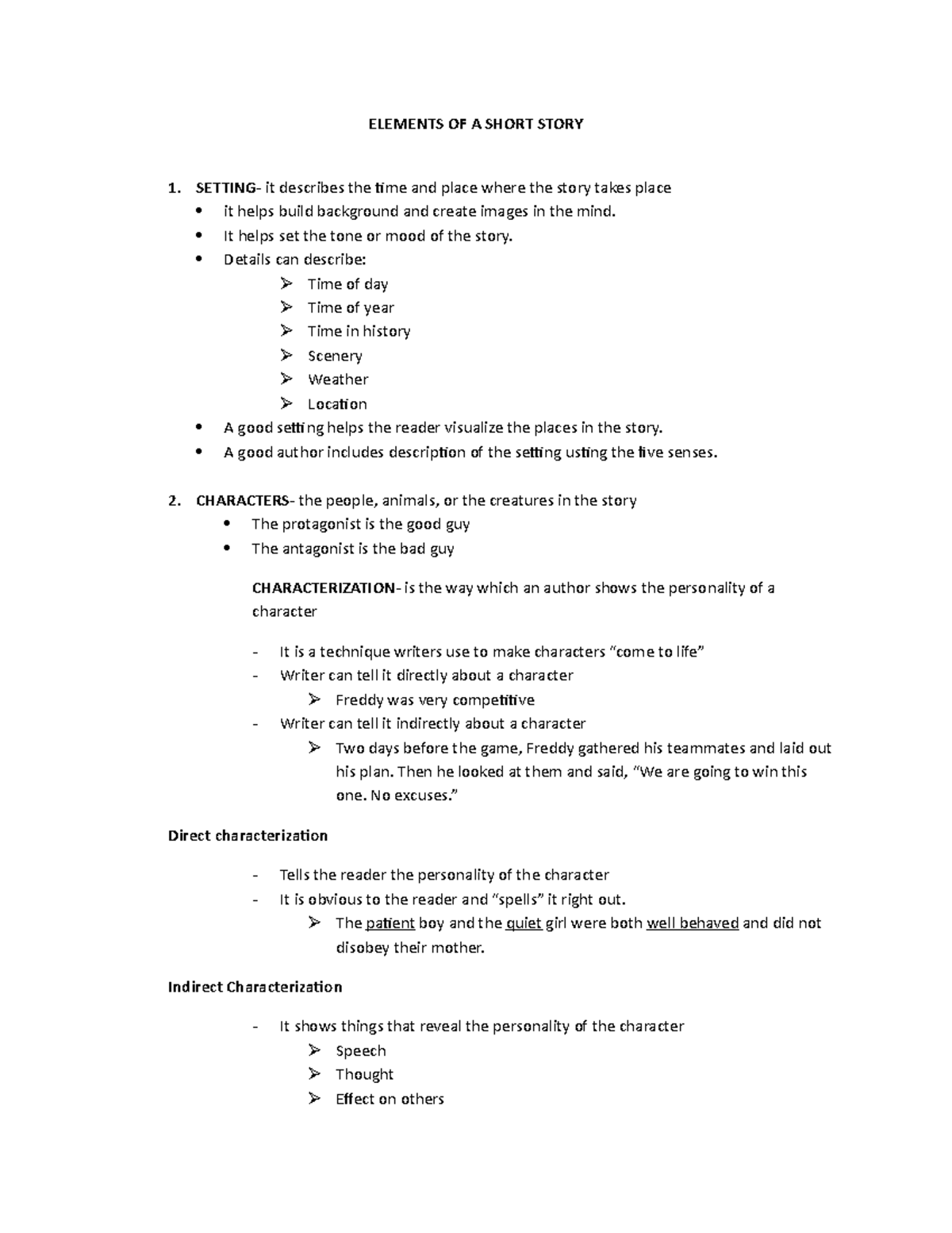 Elements OF A Short Story ELEMENTS OF A SHORT STORY 1 SETTING It