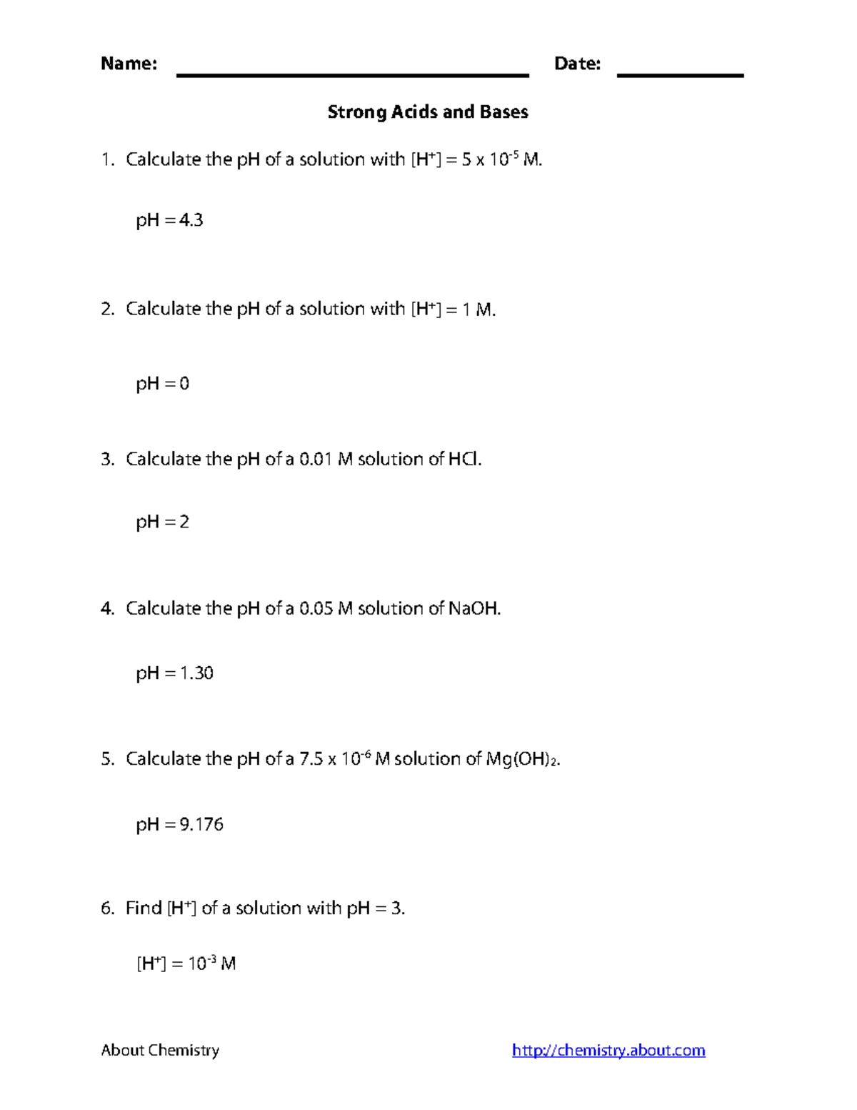 Acidbaseanswers acid/bases Name Strong Acids and Bases Date About