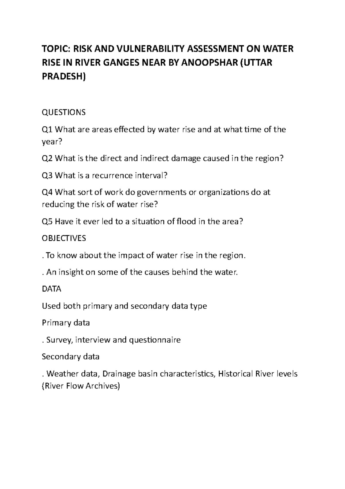 Field WORK - TOPIC: RISK AND VULNERABILITY ASSESSMENT ON WATER RISE IN ...