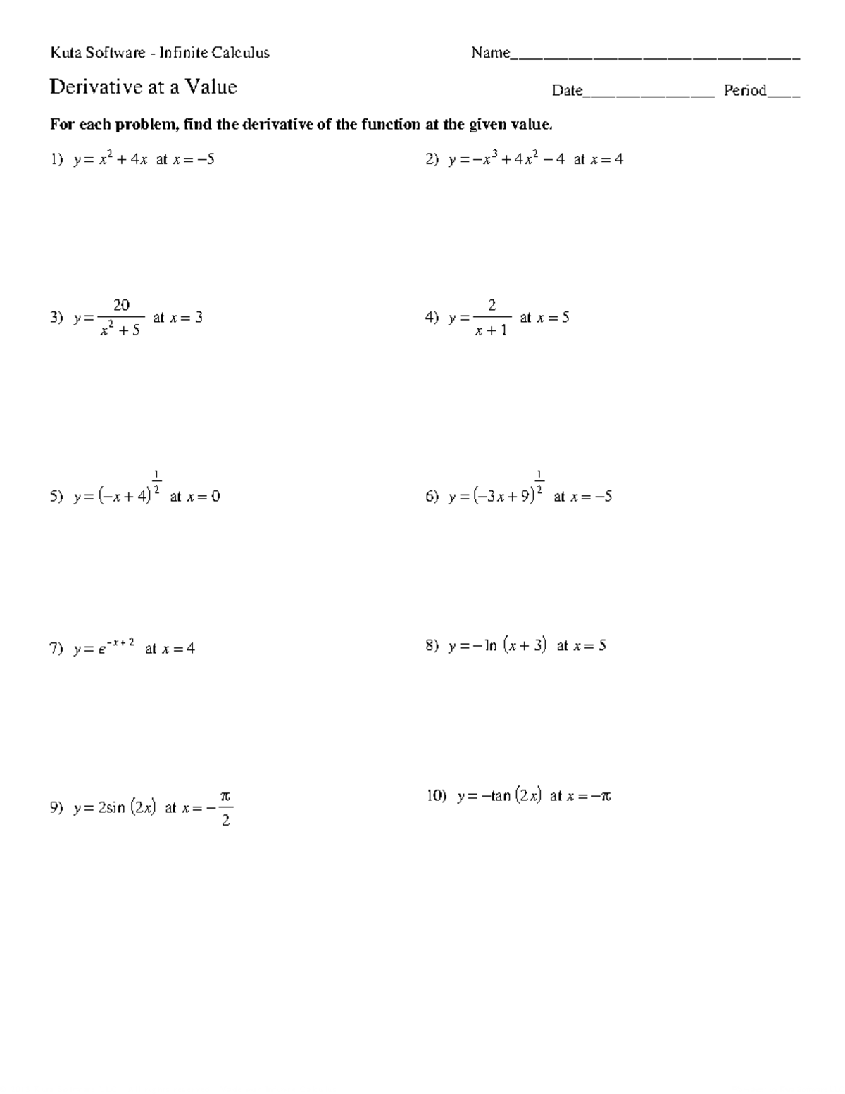 04 - Derivative at a Value - Kuta Software - Infinite Calculus - Studocu