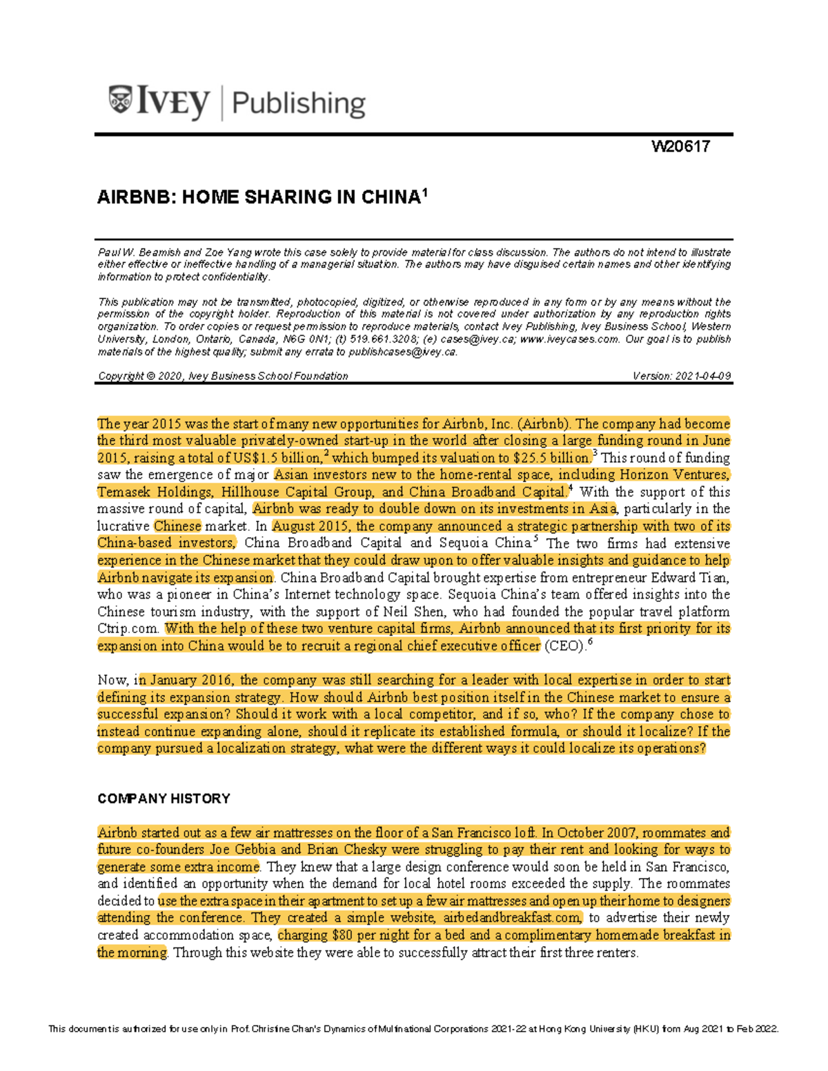 Airbnb i1v2e5y5pubs W AIRBNB HOME SHARING IN CHINA 1 Paul W. Beamish