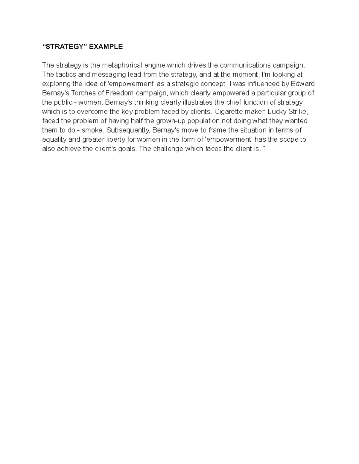 Mdia 1003 Milestone Strategy Example - “STRATEGY” EXAMPLE The strategy ...