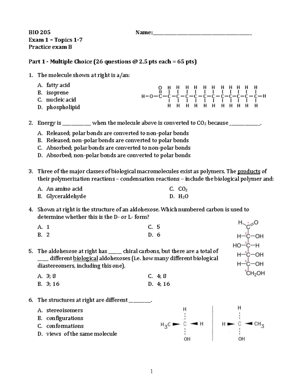 BIO305 Exam1 Practice B - BIO 205 Name ...