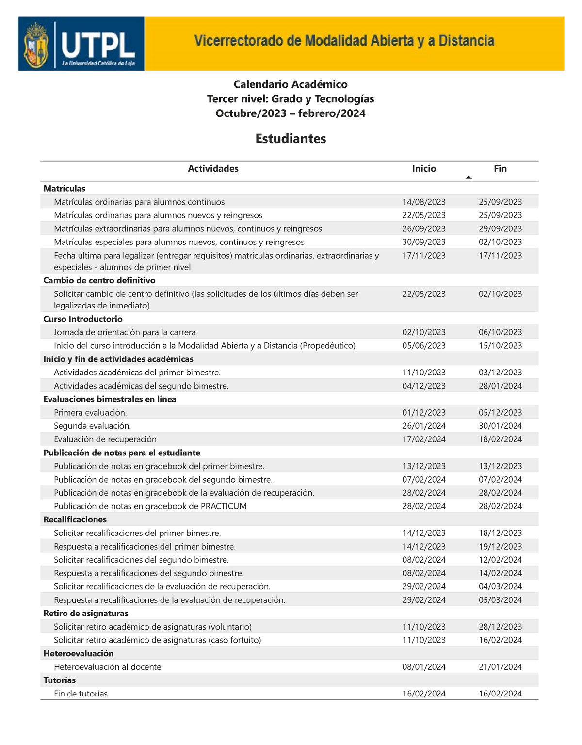 Calendario UTPL - Periodo 2023 - 2024 - Power BI Desktop Actividades Inicio Fin Matrículas - Studocu