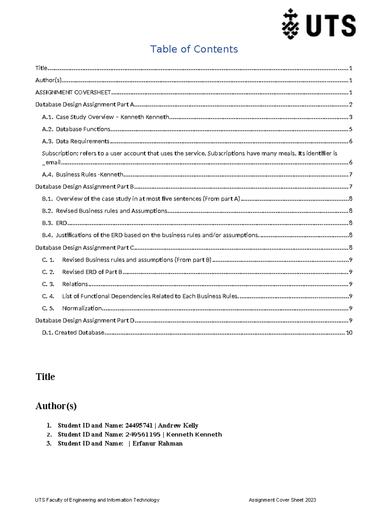 0-Assignment Template A2023 - Table of Contents Title Author(s) 1 ...
