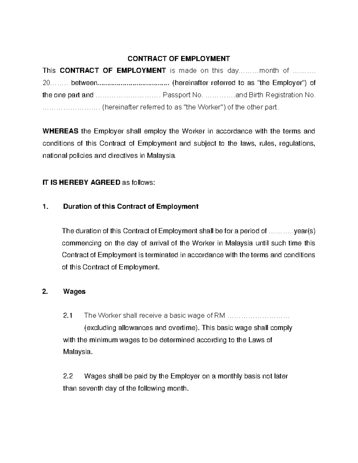 Contract of Employment Under MOU 2021 - CONTRACT OF EMPLOYMENT This ...