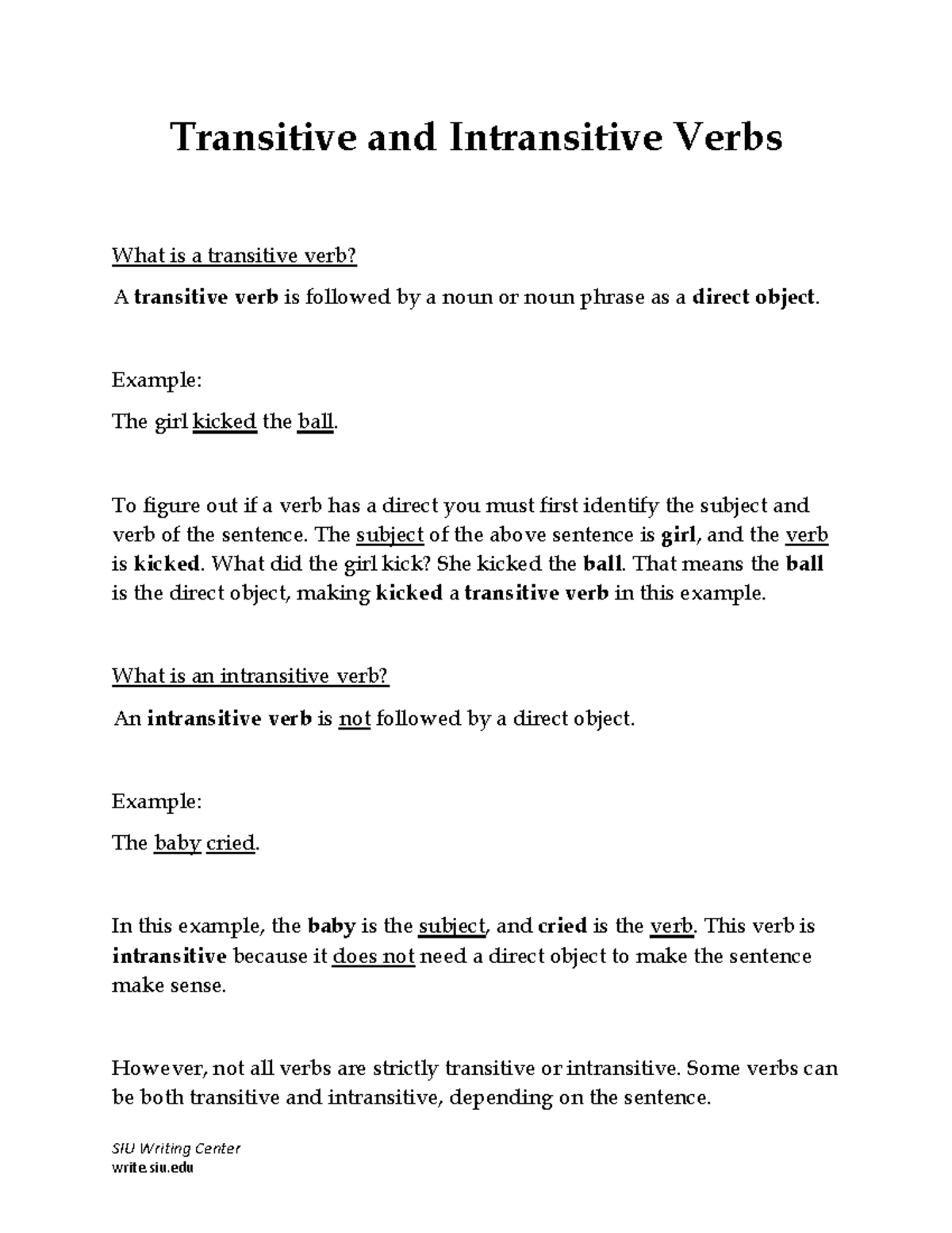 Transitive and intransitive verbs - SIU Writing Center write.siu ...