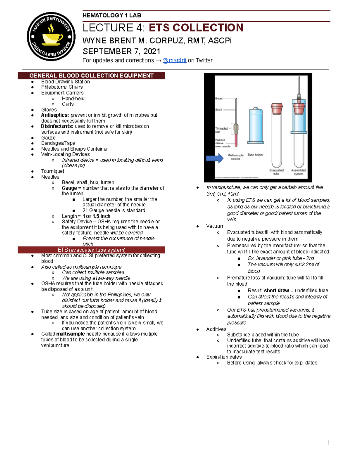 HLAB P4 - ETS Method - Trans - HEMATOLOGY 1 LAB LECTURE 4: ETS ...