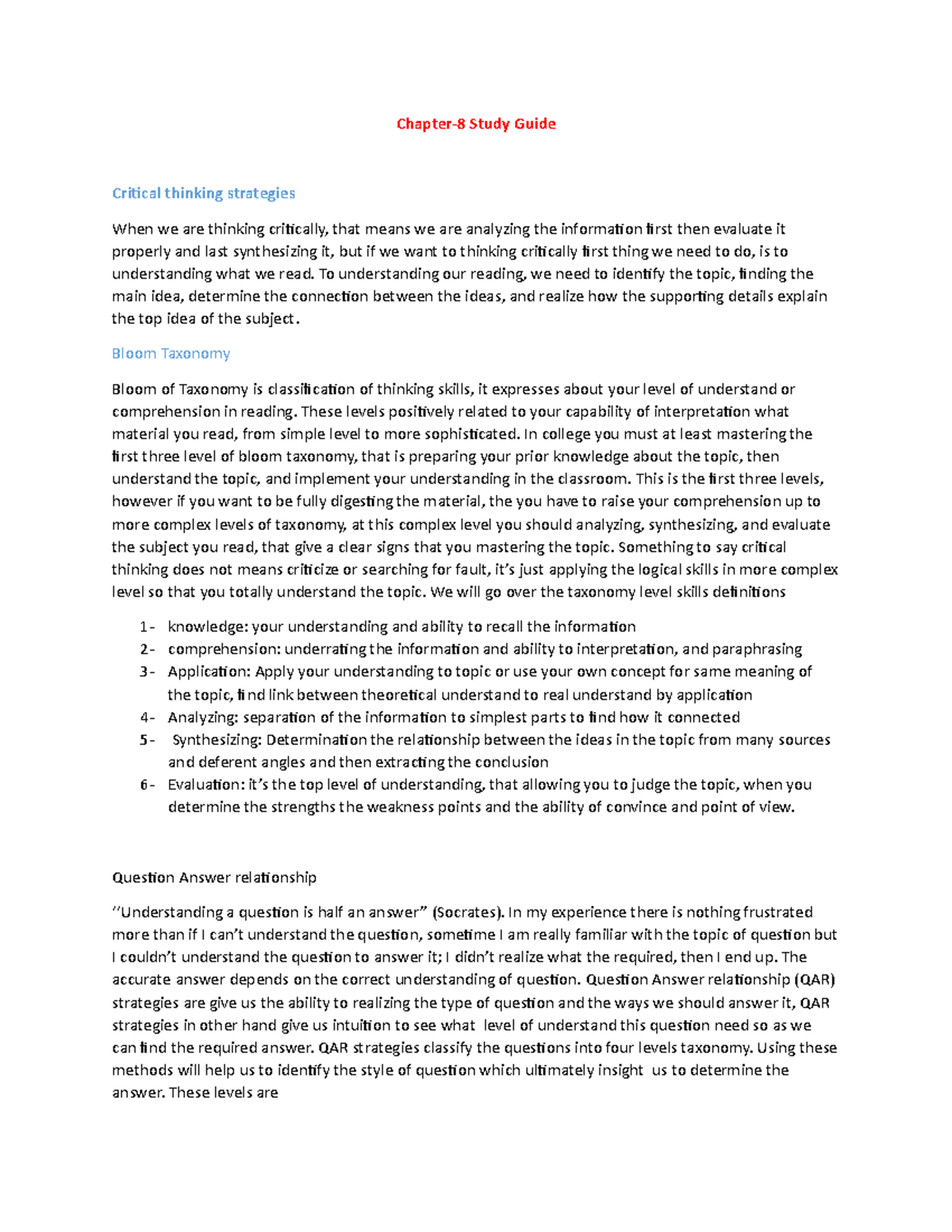Chapter-8 Study Guide - Chapter-8 Study Guide Critical thinking ...
