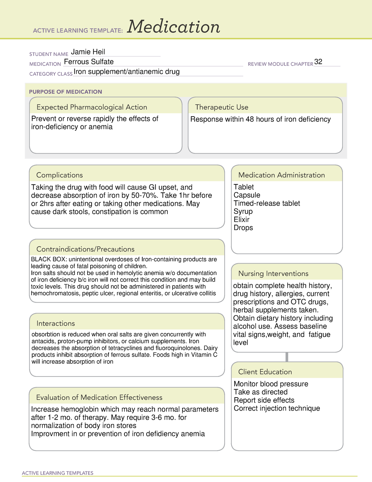 Ferrous Sulfate Medication Card ACTIVE LEARNING TEMPLATES 