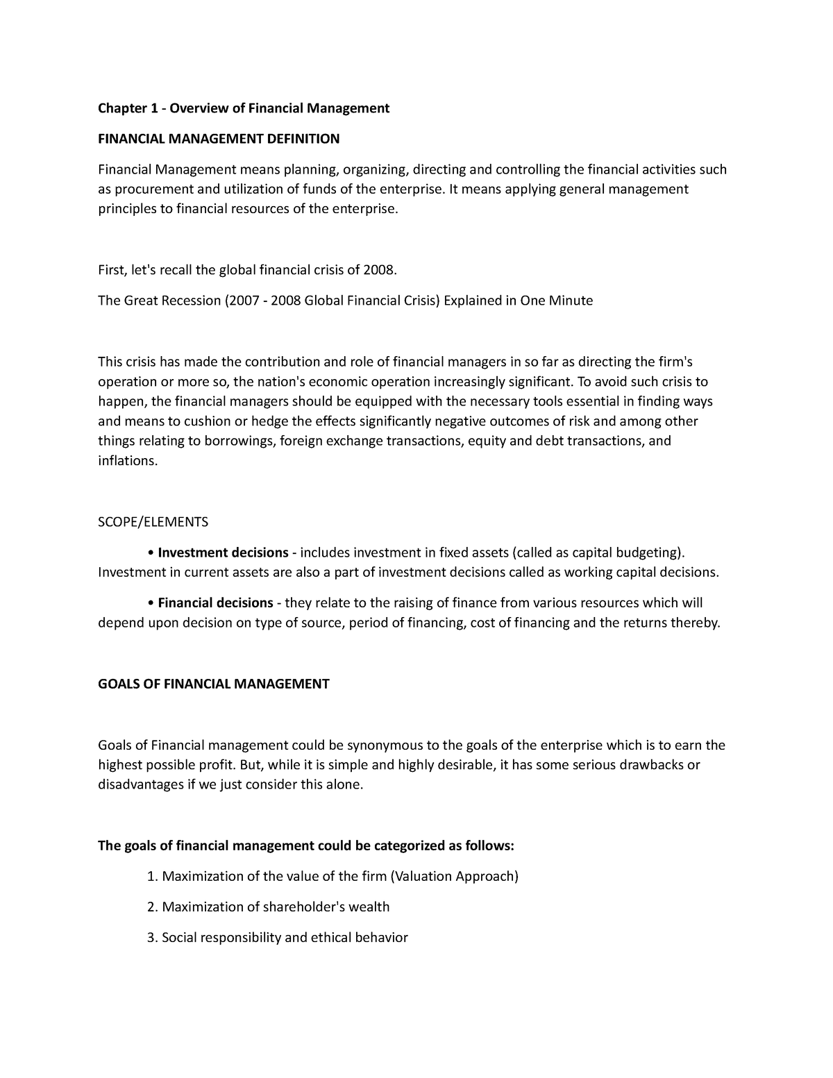 Chapter 1 Overview of Financial Management - Chapter 1 - Overview of ...