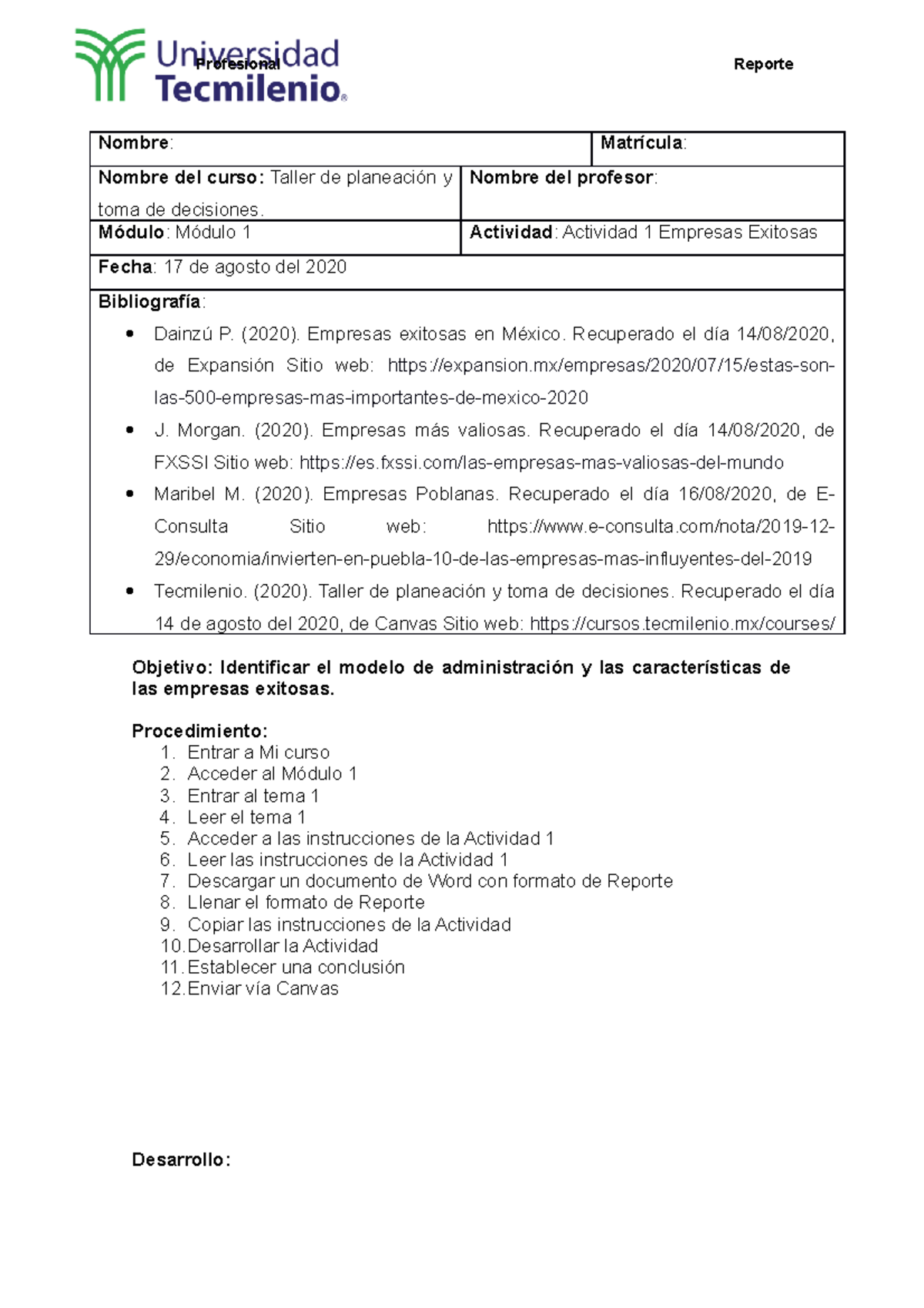 Actividad 1 - Planeación - Nombre: Matrícula: Nombre del curso: Taller ...