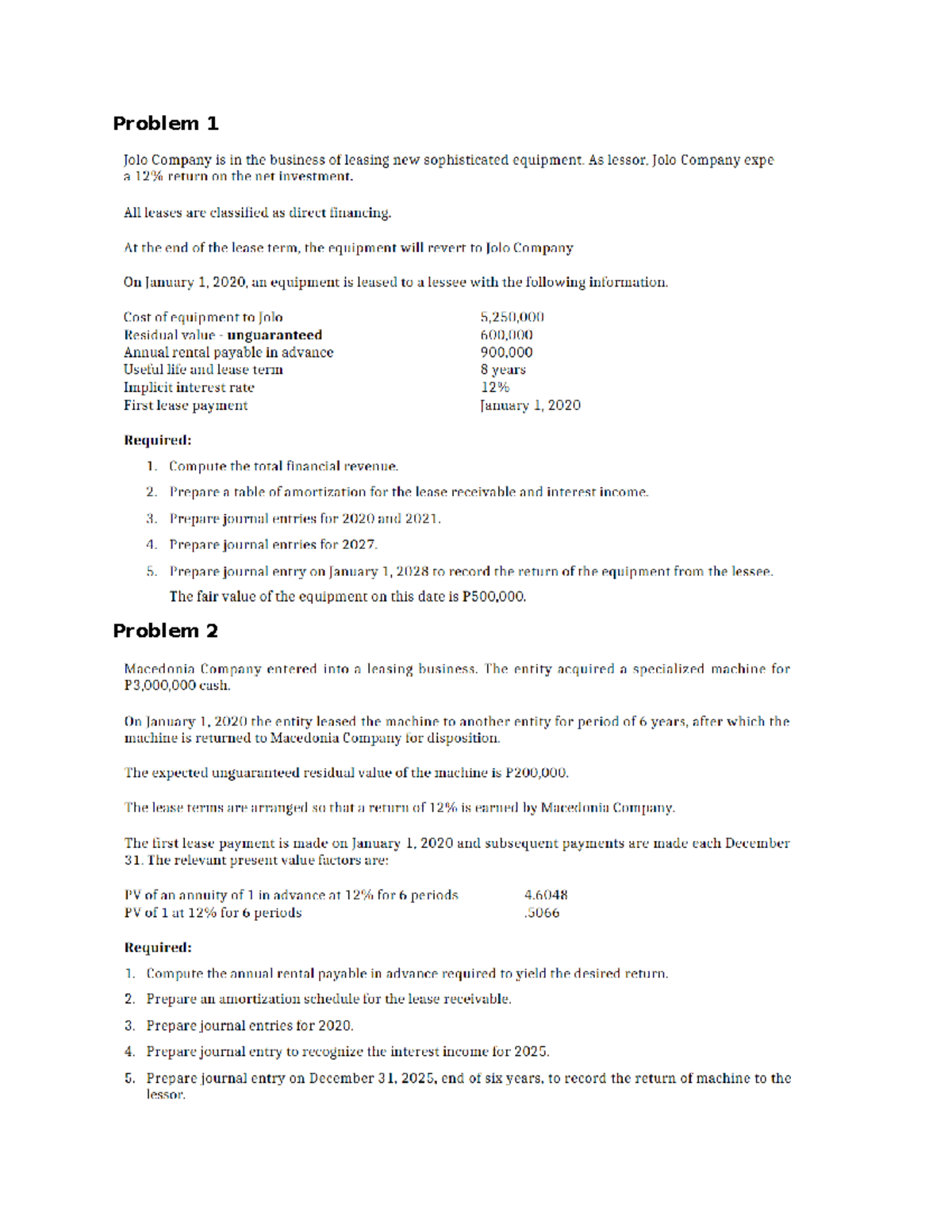 Practice Problems Lessor Accounting Problem Problem Problem 3 On