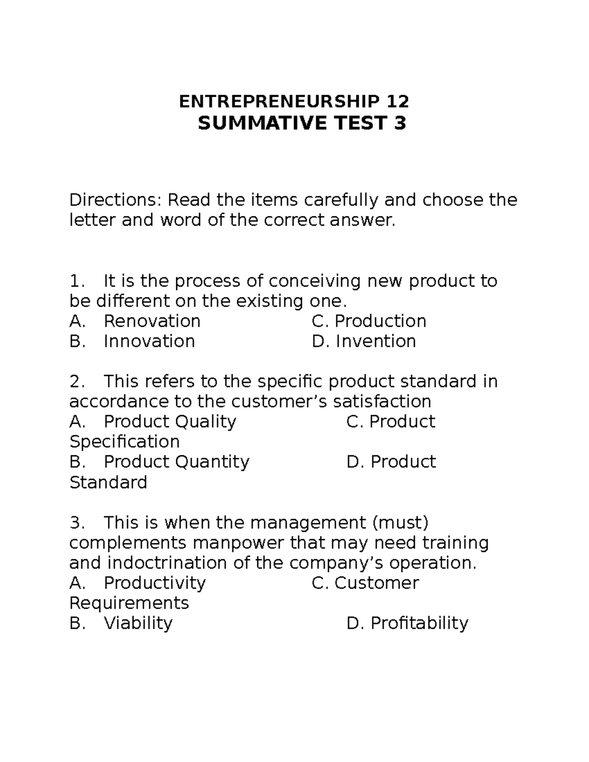 Entrep Summative QUIZ 3 - ENTREPRENEURSHIP 12 SUMMATIVE TEST 3 ...