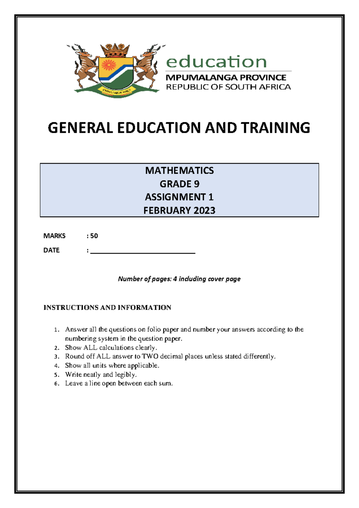 Grade 9 Assignment 1 - GENERAL EDUCATION AND TRAINING MATHEMATICS GRADE ...