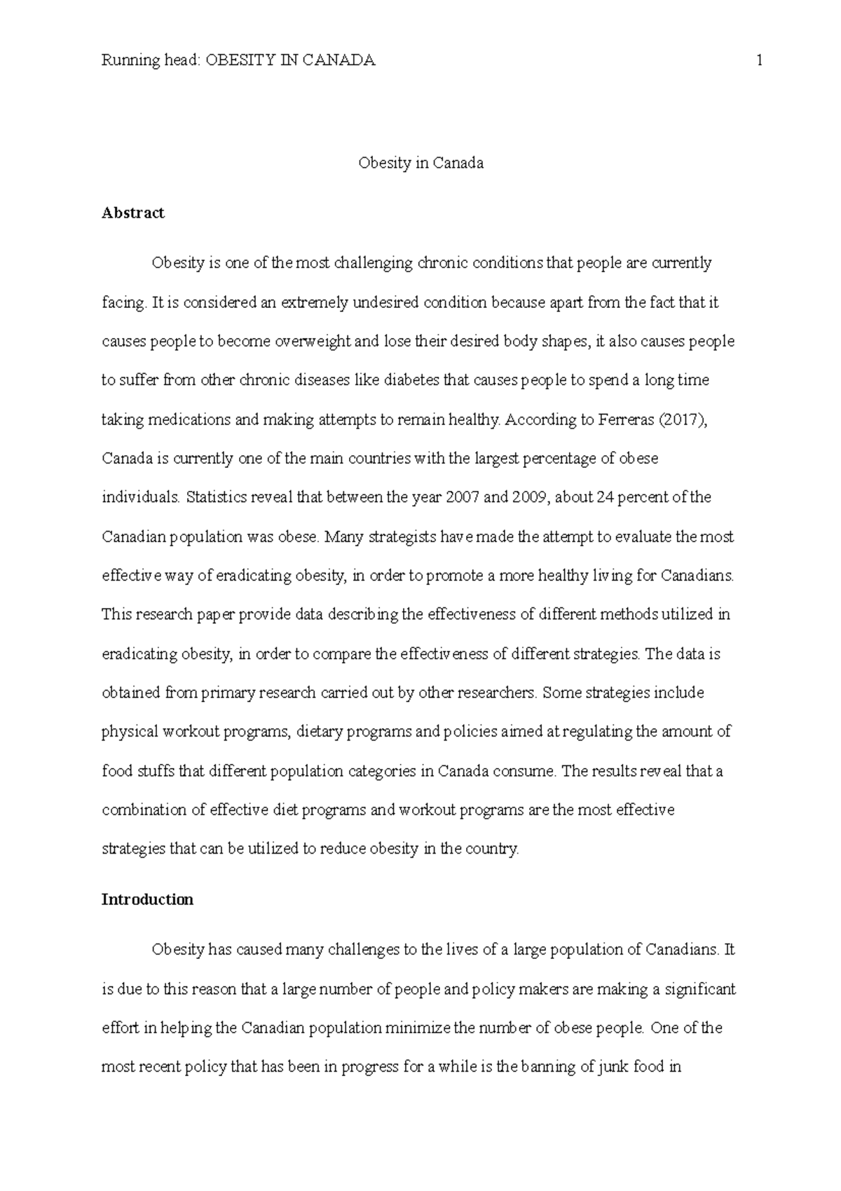 Obesity Research - Running head: OBESITY IN CANADA 1 Obesity in Canada ...