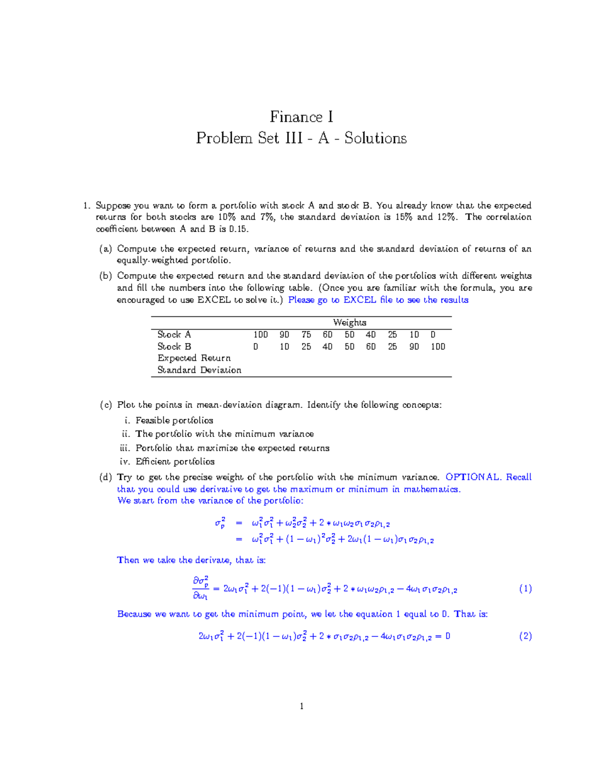 PS3A-Answers - Questions and solutions for problem set 3A - Finance I ...