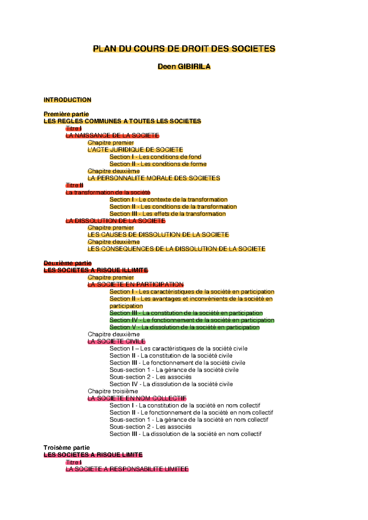 Plan Cours - PLAN DU COURS DE DROIT DES SOCIETES Deen GIBIRILA ...