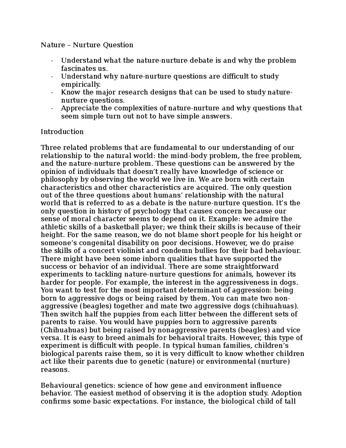 Psychology Week 3 - Notes - Nature – Nurture Question - Understand what ...