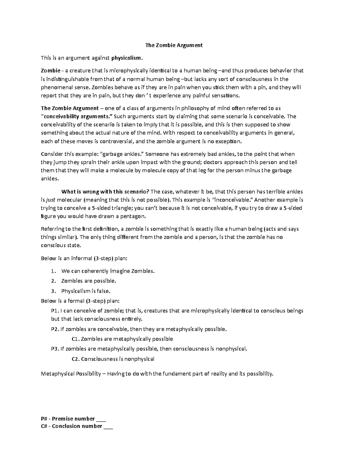 The Zombie Argument These are lecture notes taken directly from the