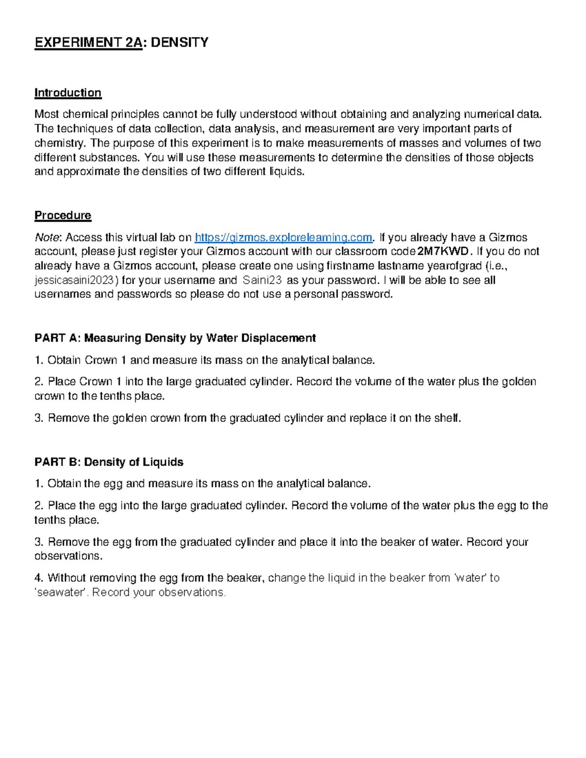 Experiment+2A+Density - EXPERIMENT 2 A: DENSITY Introduction Most ...