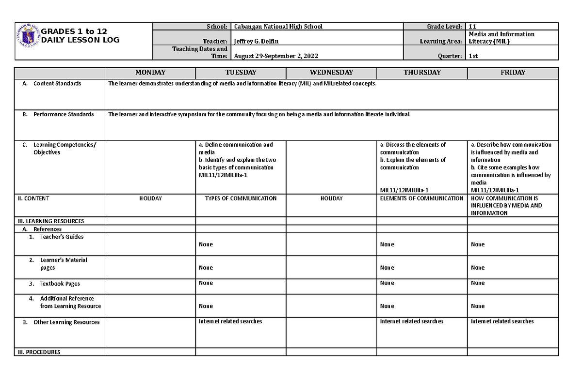 SHS DLL MIL August 29-September 2, 2022 - GRADES 1 to 12 DAILY LESSON ...