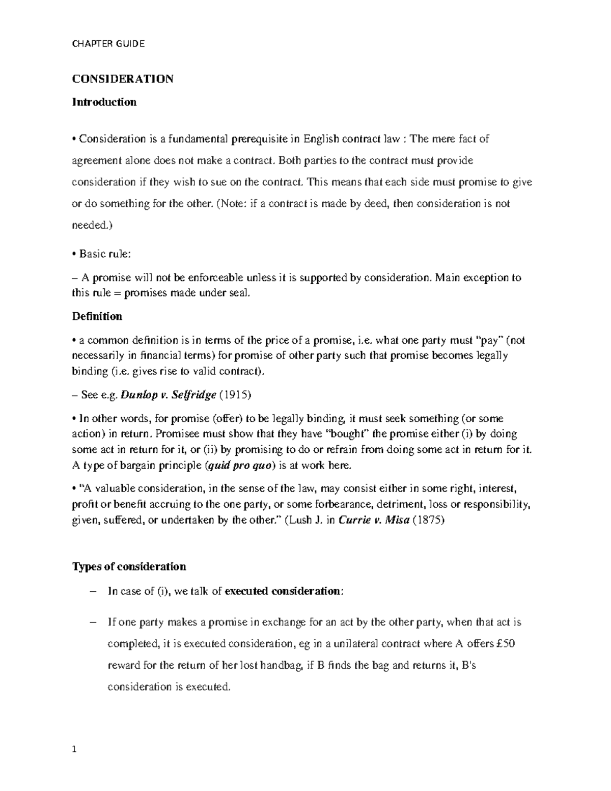 Consideration Handout - CONSIDERATION Introduction Consideration is a ...