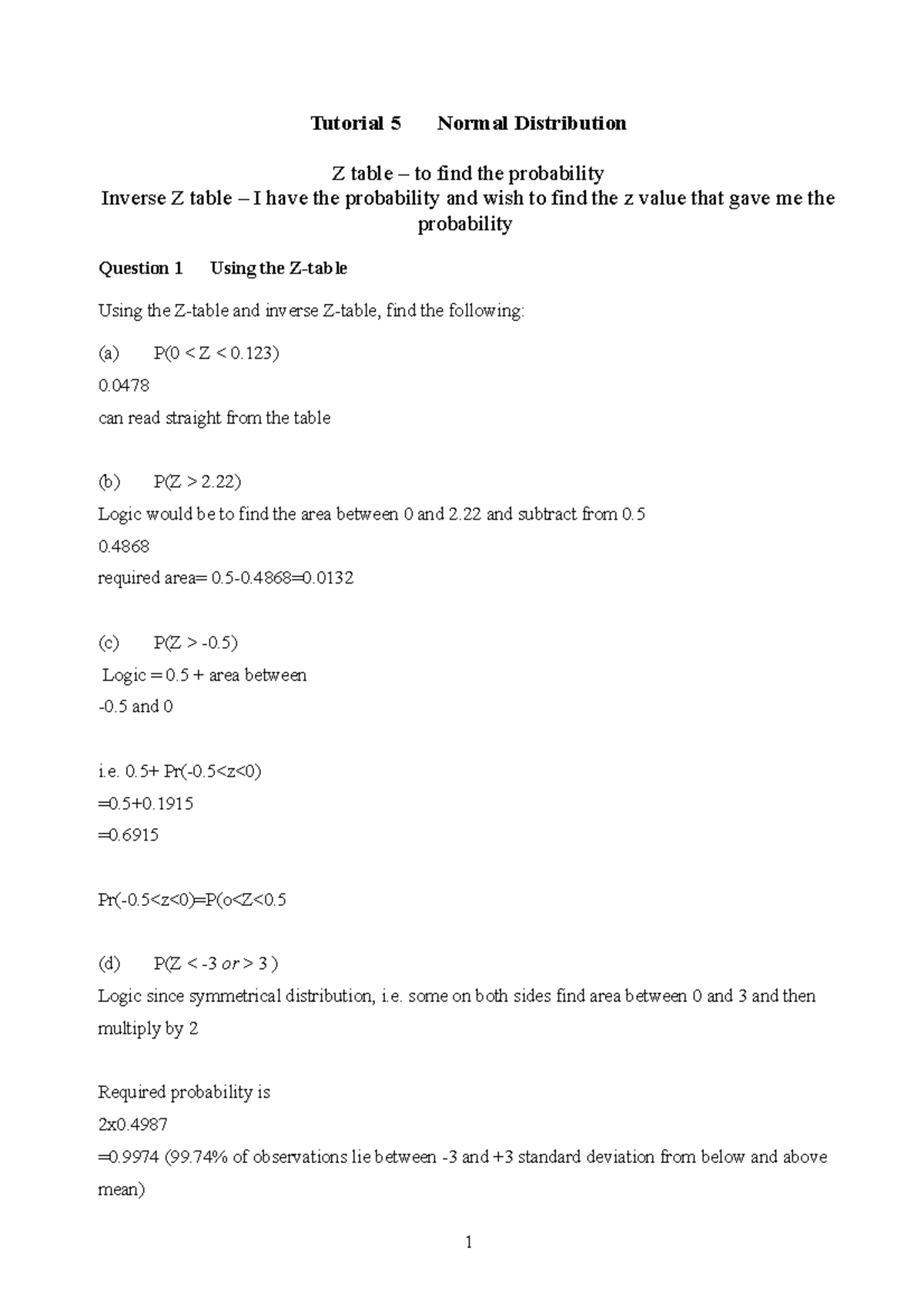 Tute 5 - Tutorial 5 Normal Distribution Z table – to find the ...