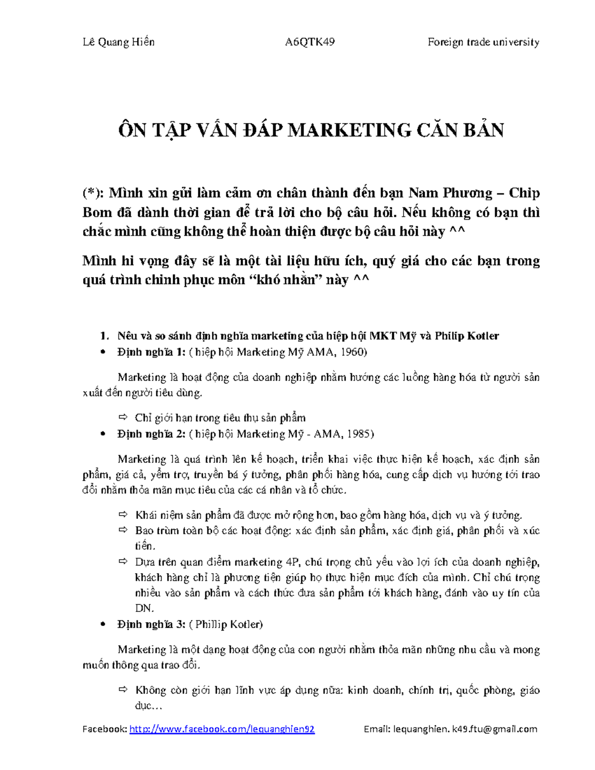 Marketing Van Dap - Full - ÔN T P V N ÁP MARKETING C N B N (*): Mình ...