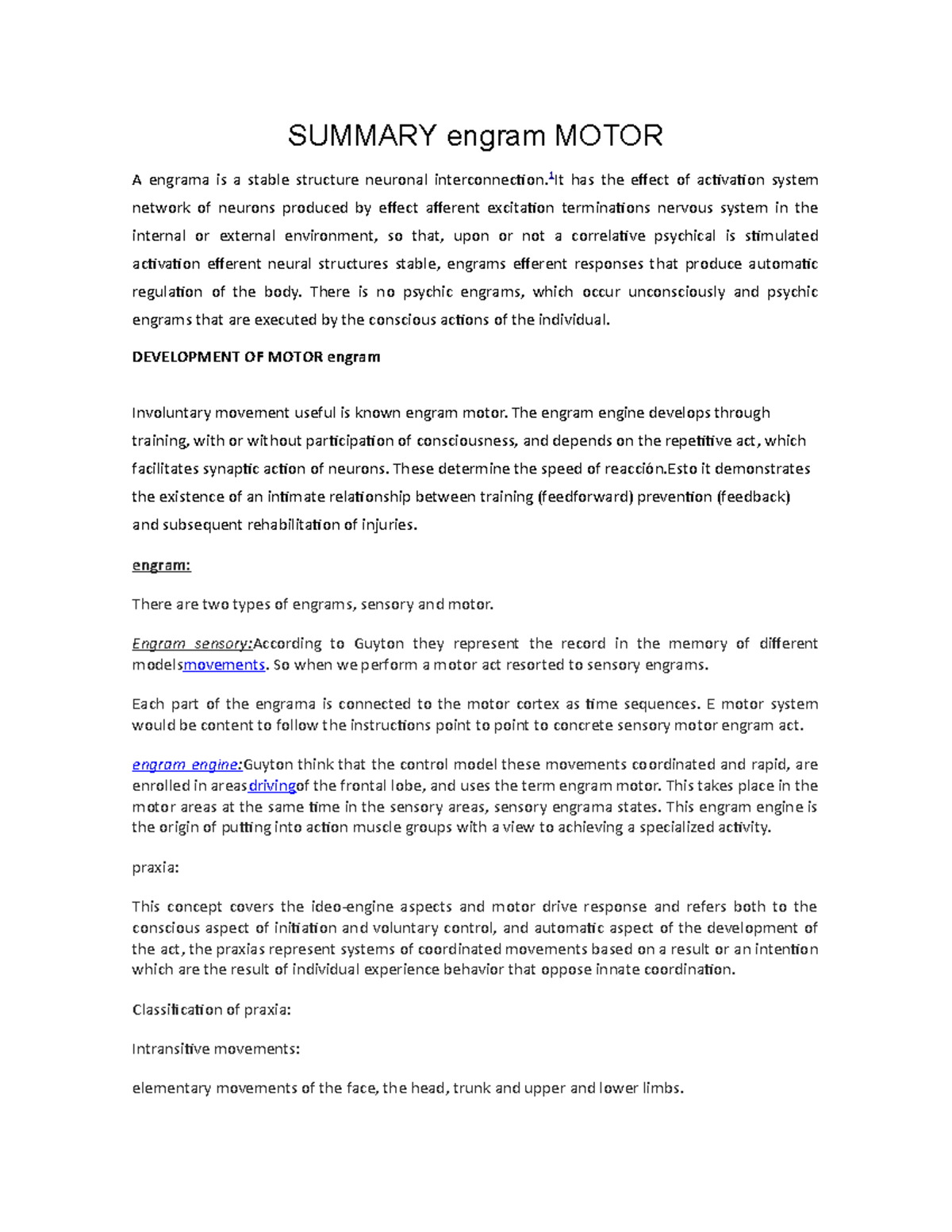Motor diagram Grade 8 SUMMARY engram MOTOR A engrama is a stable