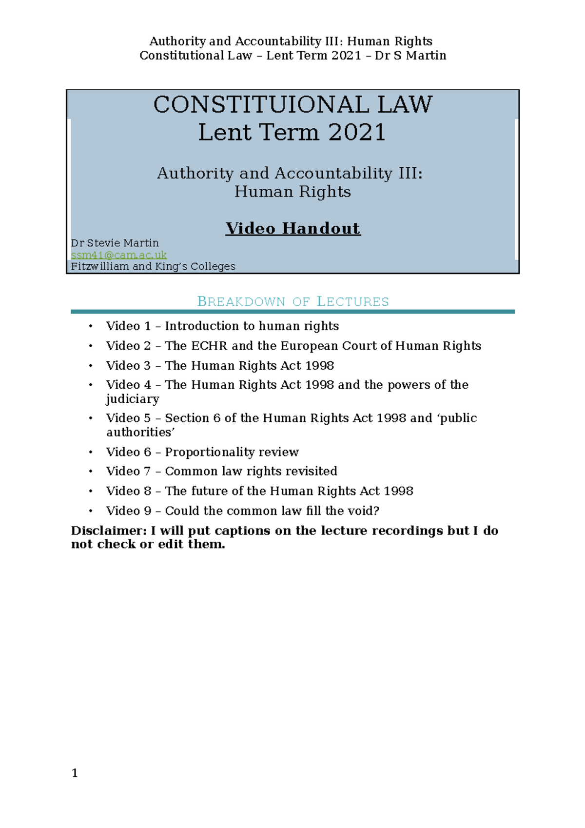 Authority and Accountability III Human Rights - Video Handout ...